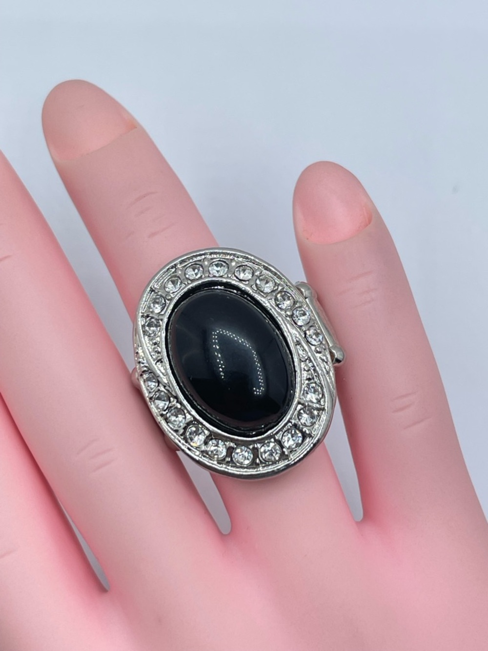 Silver Tone Black Cabochon Crystal Halo Stretch Statement Ring